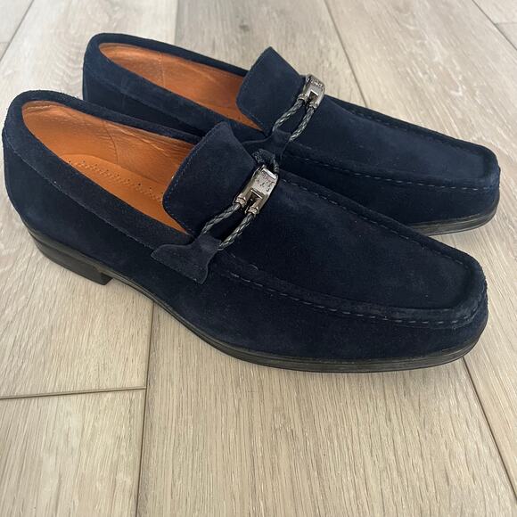 Stacy Adams \'Neville\' Men 9.5 Moc Toe Bit Navy Blue Suede Leather Loafer Slip On